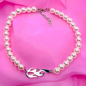Pearl Flame Choker Necklace - White Pearls with Silver Flame Accent